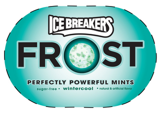 ICE BREAKERS FROST PERFECTLY POWERFUL MINTS SUGAR-FREE  · WINTERCOOL ·  NATURAL & ARTIFICIAL FLAVOR logo