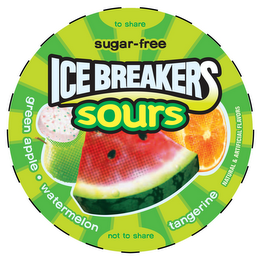 ICE BREAKERS SOURS SUGAR-FREE TO SHARE GREEN APPLE · WATERMELON TANGERINE NATURAL AND ARTIFICIAL FLAVORS AND NOT TO SHARE logo