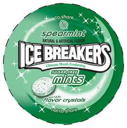 ICE BREAKERS, SPEARMINT, NATURAL & ARTIFICIAL FLAVOR, TO SHARE, ULTIMATE MOUTH FRESHENING, SUGAR FREE MINTS, WITH FLAVOR CRYSTALS, NOT TO SHARE logo