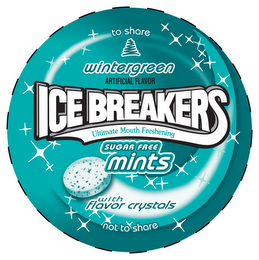 ICE BREAKERS WINTERGREEN ARTIFICIAL FLAVOR TO SHARE ULTIMATE MOUTH FRESHENING SUGAR FREE MINTS WITH FLAVOR CRYSTALS, NOT TO SHARE logo