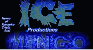 ICE PRODUCTIONS MINGO HOME OF KARAOKE TRIVIA AND logo