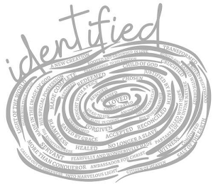 IDENTIFIED LOVED CONSECRATED BLESSED RESCUED DEAD TO SIN ANOINTED CHOSEN THE POTTER'S CLAY MADE ALIVE IN CHRIST BOUGHT WITH A PRICE FORGIVEN HIS WORKMANSHIP JUSTIFIED BY FAITH CHILD OF GOD REDEEMED RECONCILED ACCEPTED UNASHAMED SAVED BY GRACE RESTORED TRANSFERRED TO HIS KINGDOM CRUCIFIED PARTAKER OF THE DIVINE NATURE FILLED WITH HOPE NO LONGER A SLAVE HEALED BLAMELESS MADE COMPLETE HIS SPECIAL POSSESSION ROOTED AND GROUNDED IN LOVE BURIED AND RAISED WITH CHRIST WITNESS AMBASSADOR FOR CHRIST SERVANT FEARFULLY AND WONDERFULLY MADE MADE IN THE IMAGE OF GOD HIS RIGHTEOUSNESS MORE THAN CONQUEROR A NEW CREATION CHILD OF GOD CRUCIFIED A ROYAL PRIESTHOOD COMFORTED SALT OF THE EARTH CITIZEN OF HEAVEN CALLED OUT OF DARKNESS INTO MARVELOUS LIGHT LIGHT OF THE WORLD FILLED WITH PEACE AND JOY TRANSFORMED logo