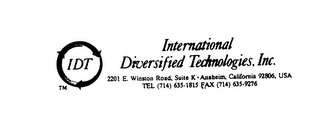 IDT INTERNATIONAL DIVERSIFIED TECHNOLOGIES, INC. TEL (714) 635-1815 FAX (714) 635-9276 logo