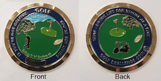 IF YOU'RE NOT GOLFING GOLF YOU'RE NOT LIVING TEE TIME! 1 BRING IT AND SWING IT! GOLF LIVING LIFE ONE STROKE AT A TIME GOLF CHALLENGE COIN 18 logo