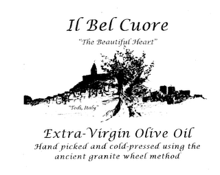 IL BEL CUORE "THE BEAUTIFUL HEART" EXTRA-VIRGIN OLIVE OIL HAND PICKED AND COLD-PRESSED USING THE ANCIENT GRANITE WHEEL METHOD "TODI, ITALY" logo