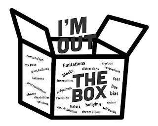 I'M OUT THE BOX COMPARISON MY PAST PAST FAILURES LAZINESS PROCRASTINATION SHAME DISABILITIES OPINIONS LIMITATIONS BLOCKS INSECURITIES JUDGEMENT EXCLUSION HATERS DISCRIMINATION DISTRACTIONS REJECTION RESTRICTIONS FEAR LIES BIAS BULLYING RACISM DREAM KILLERS SELF DOUBT logo