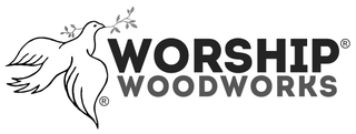 IMAGE OF A DOVE WITH AN OLIVE LEAF IN THE BEAK THE WORD WORSHIP IS TO THE RIGHT WITH WOODWORKS DIRECTLY UNDER THE WORD WORSHIP logo