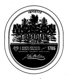 IMPORTED BEER BIERE MOLSON CANADIAN NORTH AMERICA'S OLDEST BREWERY SINCE 1786 MONTREAL TORONTO VANCOUVER JOHN MOLSON logo