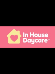 IN HOUSE DAYCARE WHITE TEXT WITH A HOUSE SHAPE WITH A HEART SHAPE IN THE CENTER. logo