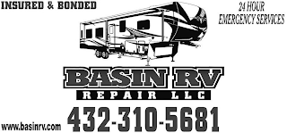 INSURED & BONDED 24 HOUR EMERGENCY SERVICES WWW.BASINRV.COM BASIN RV REPAIR LLC 432-310-5681 logo