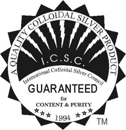 INTERNATION COLLOIDAL SILVER COUNCIL, I.C.S.C., A QUALITY COLLOIDAL SILVER PRODUCT, GUARANTEED FOR CONTENT & PURITY, 1994 logo