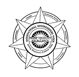 INTERNATIONAL HOUSEKEEPERS WEEK SOLVINGTOMORROW'S PROBLEMS TODAY PRIDE QUALITY EXCELLENCE CUSTODIAL ENVIRONMENTAL SERVICES MAINTENANCE GUEST SERVICES JANITORIAL HOUSEKEEPING logo