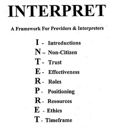 INTERPRET A FRAMEWORK FOR PROVIDERS & INTERPRETERS I - INTRODUCTION N - NON-CITIZEN T- TRUST E - EFFECTIVENESS R - ROLES P- POSITIONING R - RESOURCES E - ETHICS T- TIMEFRAME logo