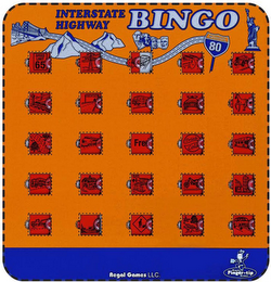 INTERSTATE HIGHWAY BINGO INTERSTATE 80 FREE REGAL GAMES LLC. REGAL FINGER TIP GAMES logo