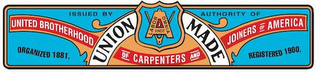ISSUED BY AUTHORITY OF UNITED BROTHERHOOD OF CARPENTERS AND JOINERS OF AMERICA UNION MADE ORGANIZED 1881 REGISTERED 1900 LABOR OMNIA VINCIT logo