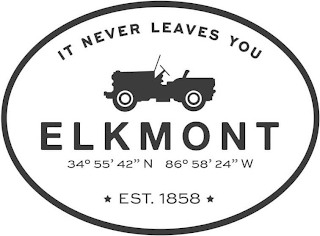 IT NEVER LEAVES YOU ELKMONT 34° 55' 42" N 86° 58' 24" W EST. 1858 logo