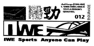 IWE SPORTS ANYONE CAN PLAY 012 ENDURANCE CONSCIOUS CHALLENGE (CHAL *INJ) SOMETHING THAT TESTS A PERSON'S QUALITIES. logo