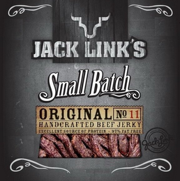 JACK LINK'S SMALL BATCH ORIGINAL NO 11 HANDCRAFTED BEEF JERKY EXCELLECT SOURCE OF PROTEIN 97% FAT FREE JACK LINK FAMILY QUALITY GUARANTEE SINCE 1885 logo