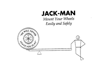 JACK-MAN MOUNT YOUR WHEELS EASILY AND SAFELY "HE WILL NEVER LEAVE YOU FLAT" logo