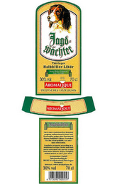 JAGD WÄCHTER  THÜRINGER HALBBITTER-LIKÖR SEMI-BITTER LIQUEUR FROM THÜRINGER  30% VOL 70CL AROMATIQUE  DEUTSCHES ERZEUGNIS AROMATIQUE JAGDWÄCHTER NACH EINER TRADITIONELLEN REZEPTUR SORGSAM AUFBEREITETE KRÄUTER UND FRUCHTSÄFTE PRÄGEN DEN GESCHMACK DIESES HALBBITTER-LIKÖRS, GENIEßEN SIE IHN LEICHT GEKÜHIT,  VOR ODER NACH DEM ESSEN CAREFULLY PREPARED ACCORDING TO A TRADITIONAL RECIPE, HERBS AND FRUIT JUICES DETERMINE THE FLAVOUR OF THIS SEMI-BITTER LIQUEUR. ENJOY IT SLIGHTLY CHILLED BEFORE OR AFTER YOUR MEAL.  AROMATIQUE GMBH SPIRITUOSENFABRIK 99192 NEUDIETENDORF/THURINGEN GERMANY INTERNET: WWW.AROMATIQUE.DE 30% VOL 70CL 4 013092 000557 logo
