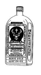 JAGERMEISTER KRAUTER-LIQUEUR IMPORTED AUSZUG EDELSTER KRAUTER CARAMEL COLOR ADDED ONE LITER 35% ALC. BY VOL. (70 PROOF) PRODUCED AND BOTTLED BY AG WOLFENBUTTEL WESTERN GERMANY GEGRUNDET IM JAHRE 1878 SERVE COLD KEEP ON ICE logo