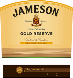 JAMESON ESTABLISHED SINCE 1780 SINE METU TRIPLE DISTILLED GOLD RESERVE THREE WOOD MATURATION OPULENT & COMPLEX FEATURING VIRGIN OAK JOHN JAMESON & SON LIMITED JJ&S JOHN JAMESON & SON logo
