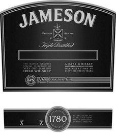 JAMESON X ESTABLISHED SINCE 1780 SINE METU TRIPLE DISTILLED THE MASTER BLENDER'S SPECIAL SELECTION OF VERY OLD JAMESON IRISH WHISKEY A RARE WHISKEY MATURED IN HAND PICKED OAK CASKS FOR AT LEAST EIGHTEEN YEARS JJ&S JOHN JAMESON & SON LIMITED JOHN JAMESON & SON ESTABLISHED 1780 ESTABLISHED IN 1780, THE BOW STREET DISTILLERY DUBLIN 7 IRELAND logo