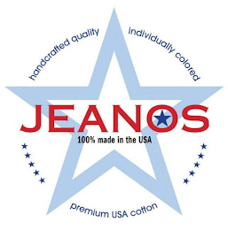 JEANOS 100% MADE IN THE USA HANDCRAFTED QUALITY INDIVIDUALLY COLORED PREMIUM USA COTTON logo