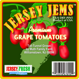JERSEY JEMS PREMIUM GRAPE TOMATOES TALL-TUNNEL GROWN JERSEY FRESH AS FRESH AS FRESH GETS logo