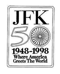 JFK 50 1948-1998 WHERE AMERICA GREETS THE WORLD logo
