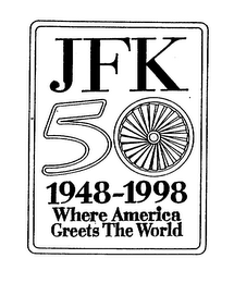 JFK 50 1948-1998 WHERE AMERICA GREETS THE WORLD logo
