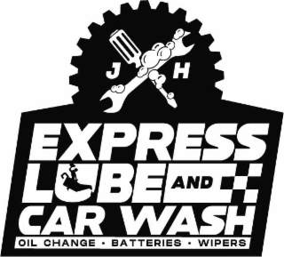 JH EXPRESS LUBE AND CAR WASH OIL CHANGE. BATTERIES. WIPERS logo