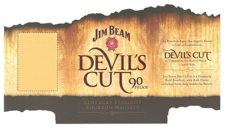 JIM BEAM, BEAM FORMULA, B, A STANDARD SINCE 1795, DEVIL'S CUT, 90 PROOF, KENTUCKY STRAIGHT BOURBON WHISKEY, AS BOURBON AGES, THE ANGEL'S SHARE IS LOST TO EVAPORATION., THE DEVIL'S CUT IS TRAPPED IN THE BARREL WOOD-UNTIL NOW., JIM BEAM DEVIL'S CUT IS A DISTINCTLY BOLD BOURBON, WITH RICH FLAVOR UNLOCKED FROM DEEP INSIDE THE BARREL. logo