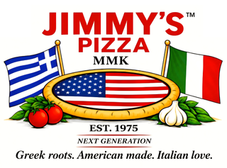 JIMMY'S PIZZA MMK EST. 1975 NEXT GENERATION GREEK ROOTS. AMERICAN MADE. ITALIAN LOVE. logo