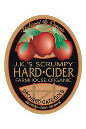 J.K.'S SCRUMPY HARD CIDER FARMHOUSE ORGANIC ORCHARD GATE GOLD UNFILTERED & ORGANIC logo