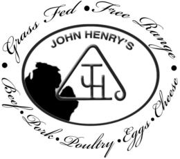 JOHN HENRY'S · GRASS FED · FREE RANGE ·BEEF · PORK · POULTRY · EGGS· CHEESE · JH logo