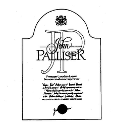JOHN PALLISER JP PREMIUM CANADIAN LIQUOR BOISSON CANADIENNE SUPERIEURE PALLISER DISTILLERS LTD LETHBRIDGE TORONTO CANADA logo