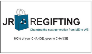 JR REGIFTING CHANGING THE NEXT GENERATION FROM ME TO WE; 100% OF YOUR CHANGE GOES TO CHANGE logo