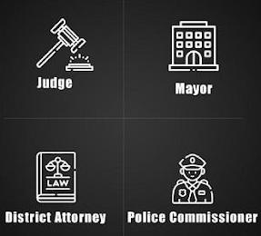 JUDGE MAYOR LAW DISTRICT ATTORNEY POLICE COMMISSIONER logo