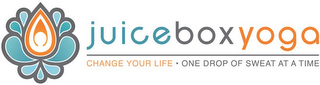 JUICE BOX YOGA CHANGE YOUR LIFE · ONE DROP OF SWEAT AT A TIME logo