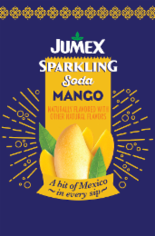 JUMEX SPARKLING SODA MANGO NATURALLY FLAVORED WITH OTHER NATURAL FLAVORS A BIT OF MEXICO ~IN EVERY SIP~ logo