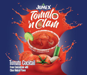 JUMEX TOMATO 'N CLAM SERVING SUGGESTION TOMATO COCKTAIL FROM CONCENTRATE WITH CLAM NATURAL FLAVOR logo