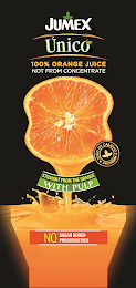 JUMEX UNICO 100% ORANGE JUICE NOT FROM CONCENTRATE · JUGO DE CALIDAD · PREMIUM STRAIGHT FROM THE ORANGE WITH PULP NO SUGAR ADDED PRESERVATIVES logo