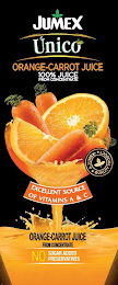 JUMEX ÚNICO ORANGE-CARROT JUICE 100% JUICE FROM CONCENTRATE · A JUMEX · QUALITY PRODUCT EXCELLENT SOURCE OF VITAMINS A & C ORANGE-CARROT JUICE FROM CONCENTRATE NO SUGAR ADDED PRESERVATIVES logo