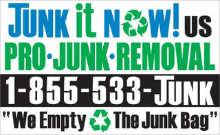 JUNK IT NOW!US PRO?JUNK?REMOVAL 1-855-533-JUNK "WE EMPTY THE JUNK BAG" logo