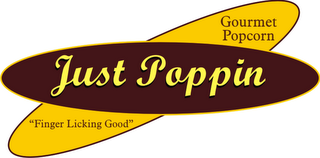 JUST POPPIN GOURMET POPCORN "FINGER LICKING GOOD" logo