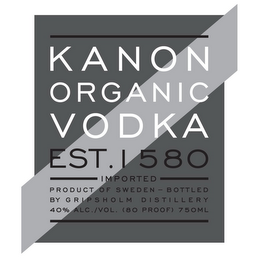 KANON ORGANIC VODKA EST. 1580 IMPORTED PRODUCT OF SWEDEN BOTTLED BY GRIPSHOLM DISTILLERY 40 % ALC./VOL. (80 PROOF) 750ML logo