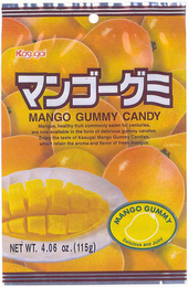 KASUGAI MANGO GUMMY CANDY MANGOS, HEALTHY FRUIT COMMONLY EATEN FOR CENTURIES, ARE NOW AVAILABLE IN THE FORM OF DELICIOUS GUMMY CANDIES. ENJOY THE TASTE OF KASUGAI MANGO GUMMY CANDIES, WHICH RETAIN THE AROMA AND FLAVOR OF FRESH MANGOS. MANGO GUMMY DELICIOUS AND JUICY NET WT. 4.06 OZ. (115G) logo