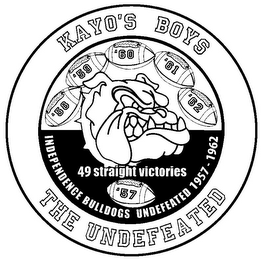 KAYO'S BOYS THE UNDEFEATED '57 '58 '59 '60 '61 '62 INDEPENDENCE BULLDOGS UNDEFEATED 1957-1962 49 STRAIGHT VICTORIES logo