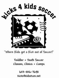 KICKS 4 KIDS SOCCER "WHERE KIDS GET A KICK OUT OF SOCCER!" TODDLER + YOUTH SOCCER CLASSES, CLINICS + CAMPS 623-826-7698 KICKS4KIDS@COX.NET logo